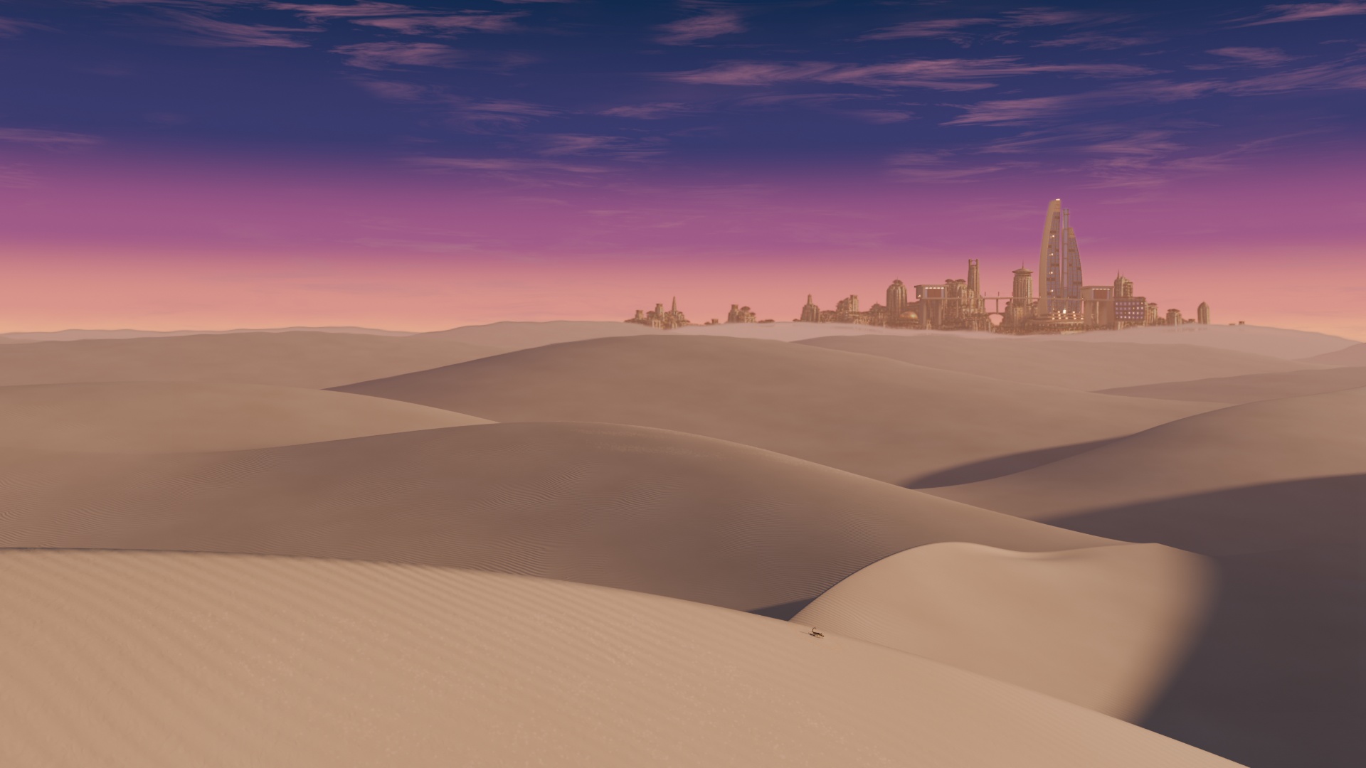 Wind-shaped dunes leading toward a city in the distance.